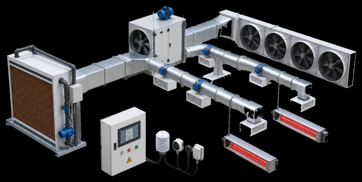 Комплекс микроклимата: панель pad cooling, воздуховоды, вытяжные вентиляторы, инфракрасные обогреватели и шкаф автоматики